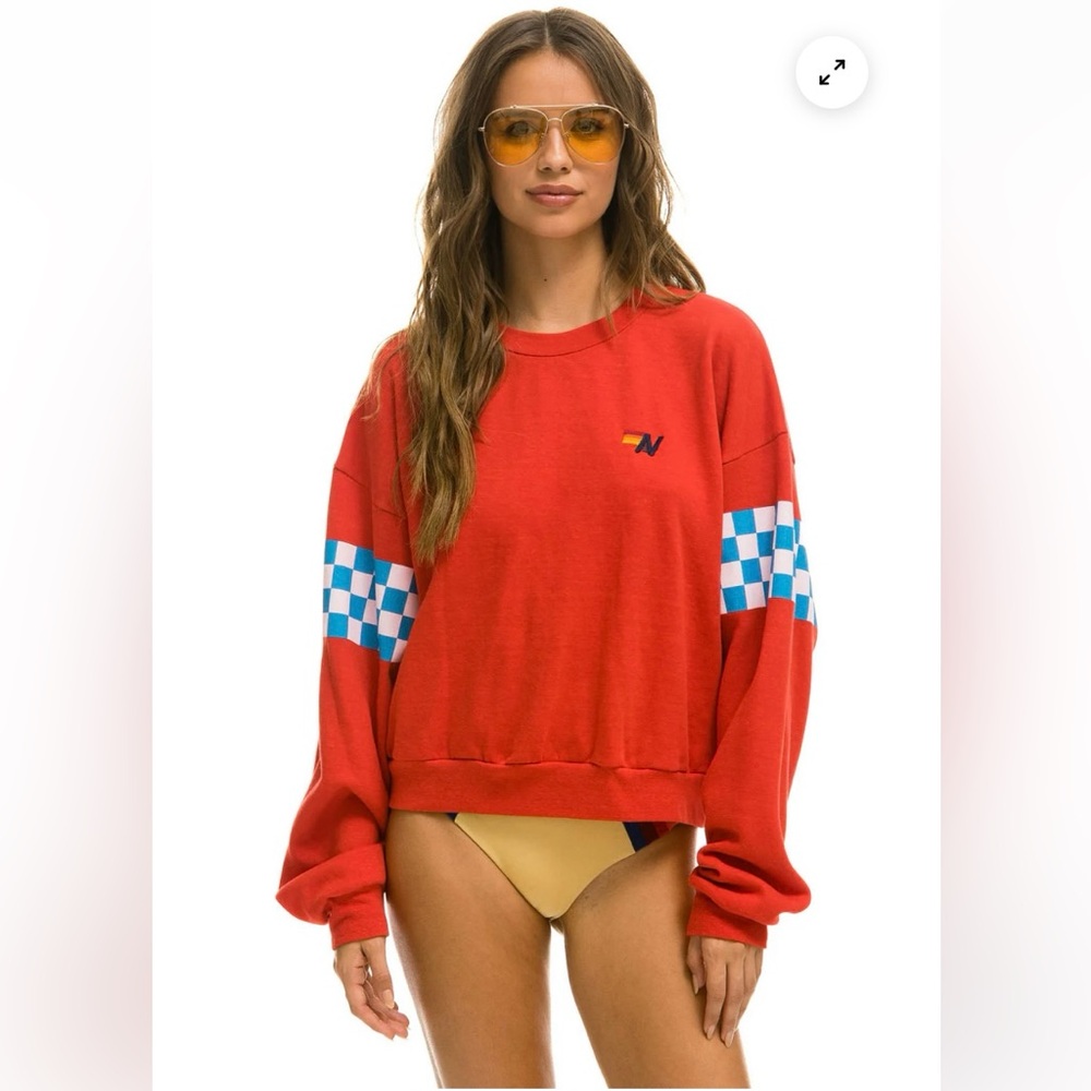 Aviator Nation Red Sweatshirt with Blue Checkered Sleeves